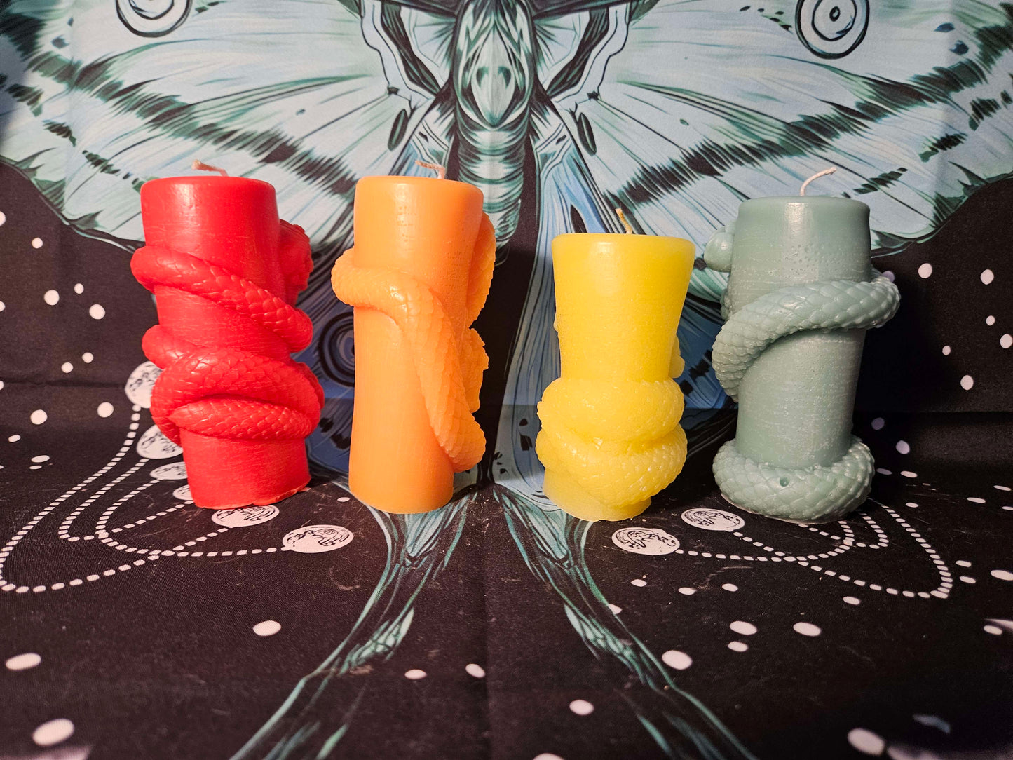 Pillars Wrapped by Snakes with Skulls & Flowers Paraffin Candle Set – Beauty, Decay, and Serpent Power