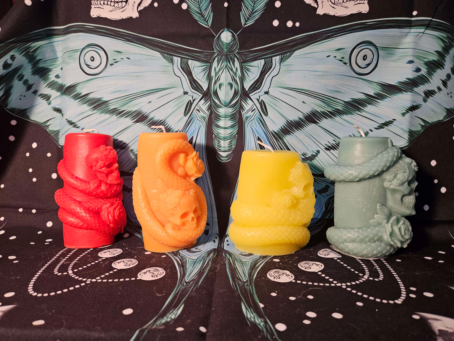 Pillars Wrapped by Snakes with Skulls & Flowers Paraffin Candle Set – Beauty, Decay, and Serpent Power