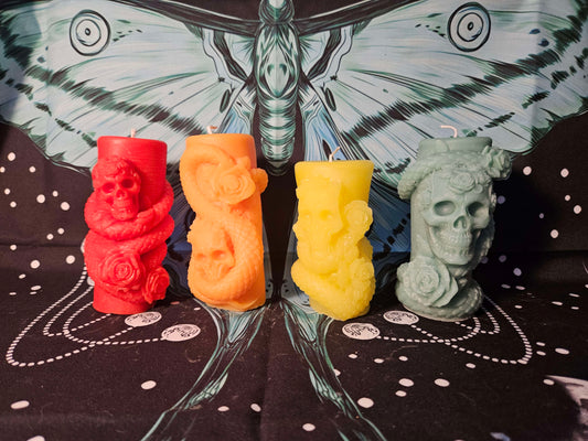 Pillars Wrapped by Snakes with Skulls & Flowers Paraffin Candle Set – Beauty, Decay, and Serpent Power